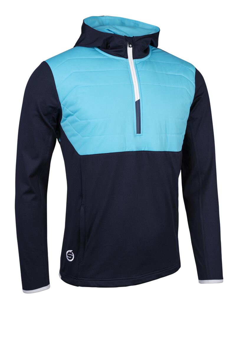 Mens Zip Front Colour Block Showerproof Hybrid Padded Golf Hoodie Navy/Aqua/White S