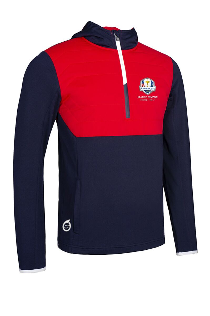 Official Ryder Cup 2025 Mens Zip Front Colour Block Showerproof Hybrid Padded Golf Hoodie Navy/Red/White XL