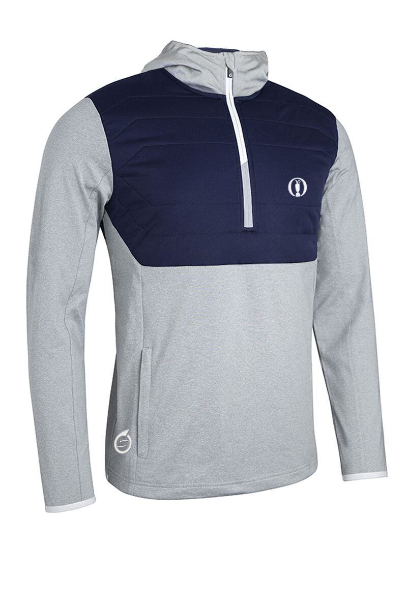 The Open Mens Zip Front Colour Block Showerproof Hybrid Padded Golf Hoodie Silver Marl/Navy/White M