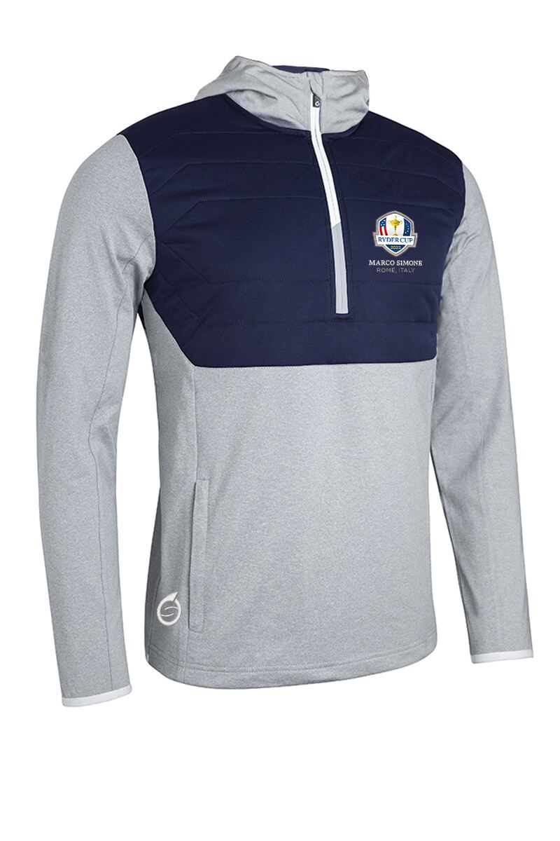 Official Ryder Cup 2025 Mens Zip Front Colour Block Showerproof Hybrid Padded Golf Hoodie Silver Marl/Navy/White XXL