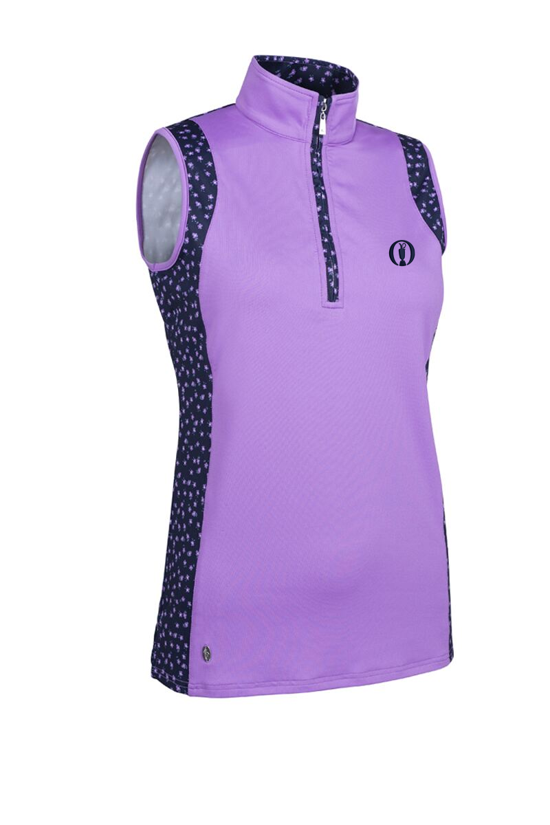 The Open Ladies Printed Panel Stand Up Collar Sleeveless Performance Golf Top Amethyst/Navy/White Floral M