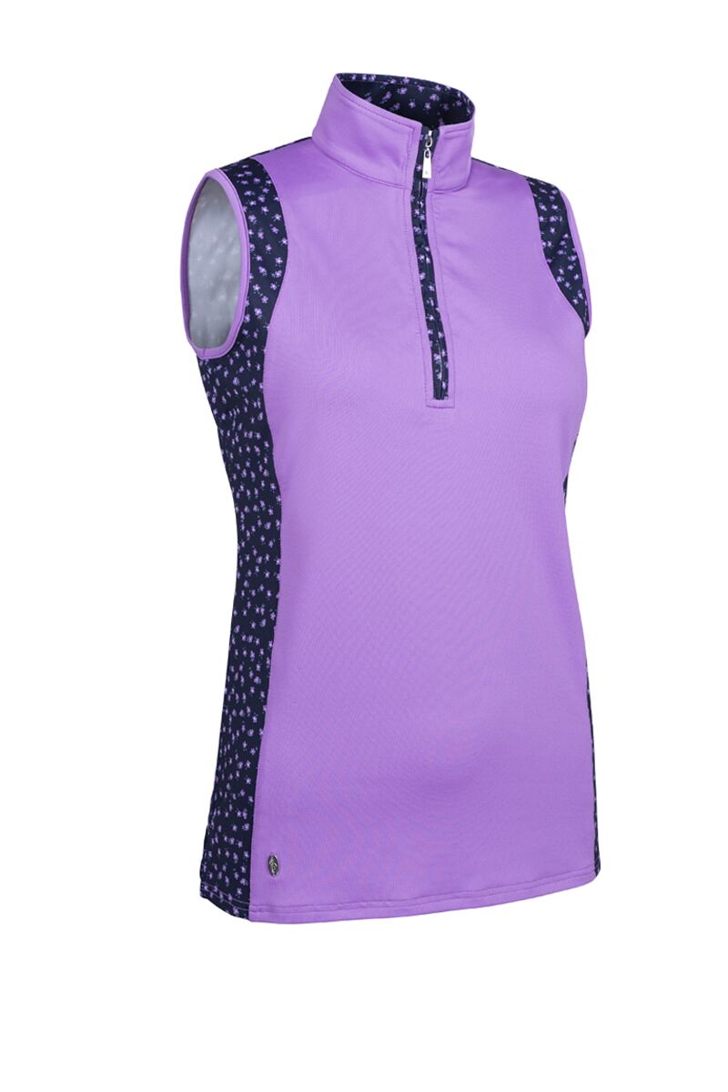 Ladies Printed Panel Stand Up Collar Sleeveless Performance Golf Top Amethyst/Navy/White Floral S