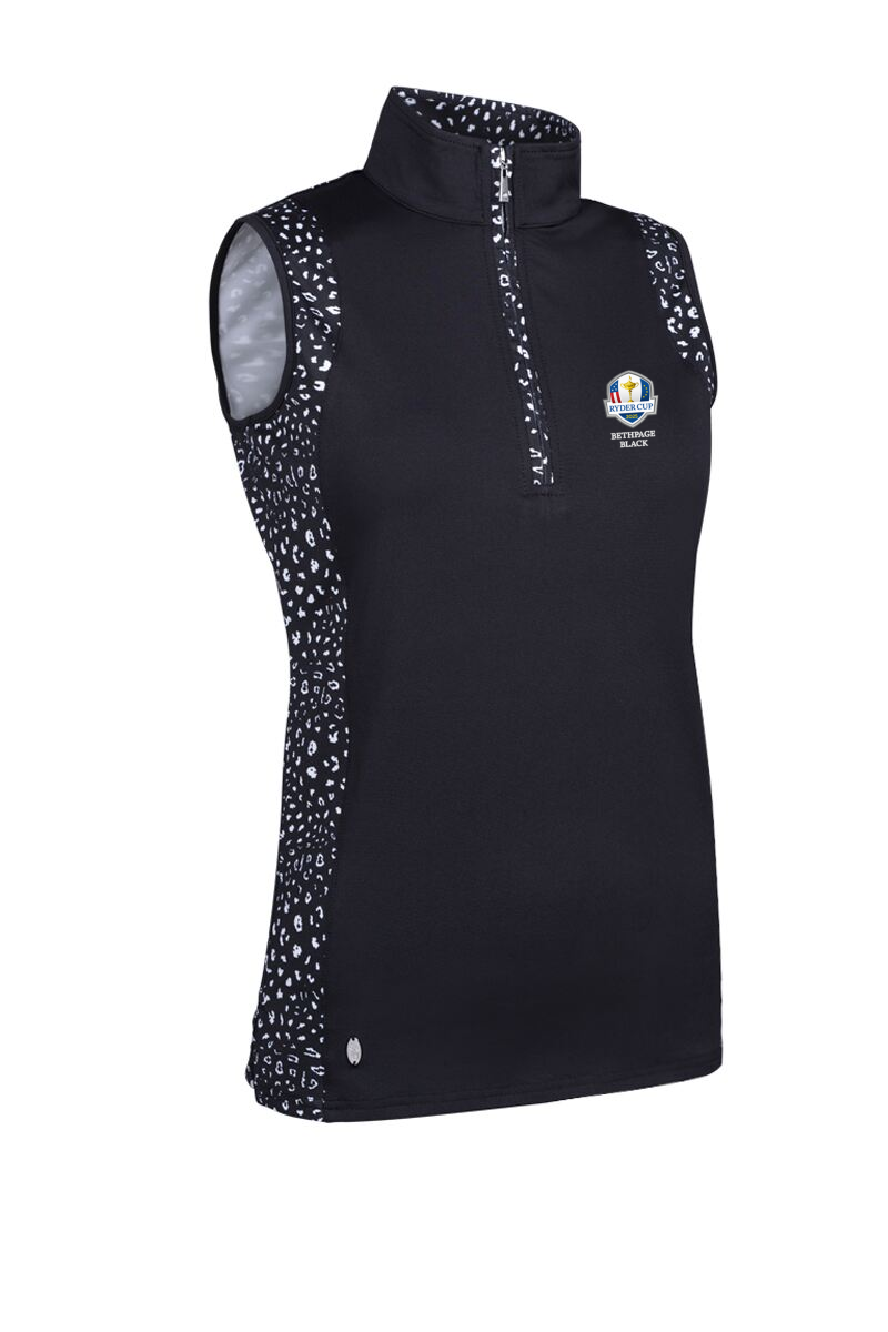 Official Ryder Cup 2025 Ladies Printed Panel Stand Up Collar Sleeveless Performance Golf Top Black/White/Animal Print S
