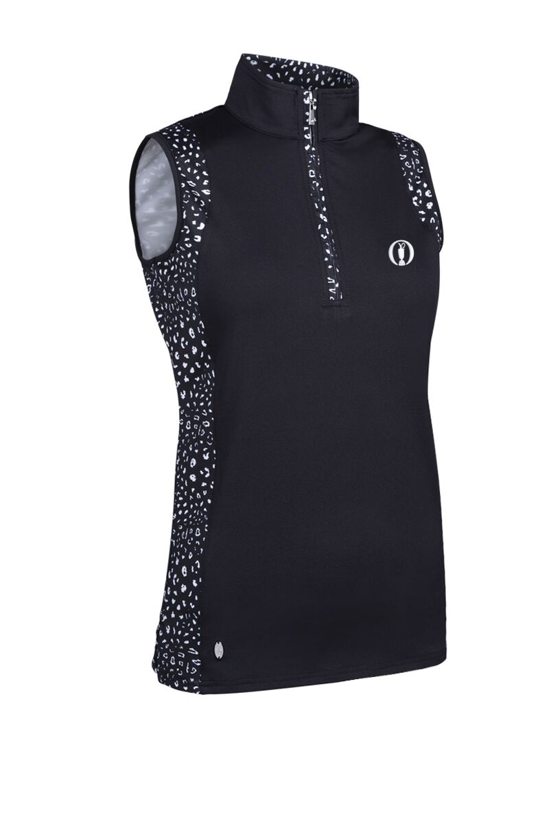 The Open Ladies Printed Panel Stand Up Collar Sleeveless Performance Golf Top Black/White/Animal Print S