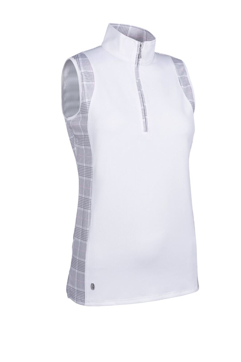 Ladies Printed Panel Stand Up Collar Sleeveless Performance Golf Top Sale White/Light Grey/Candy Check XXL