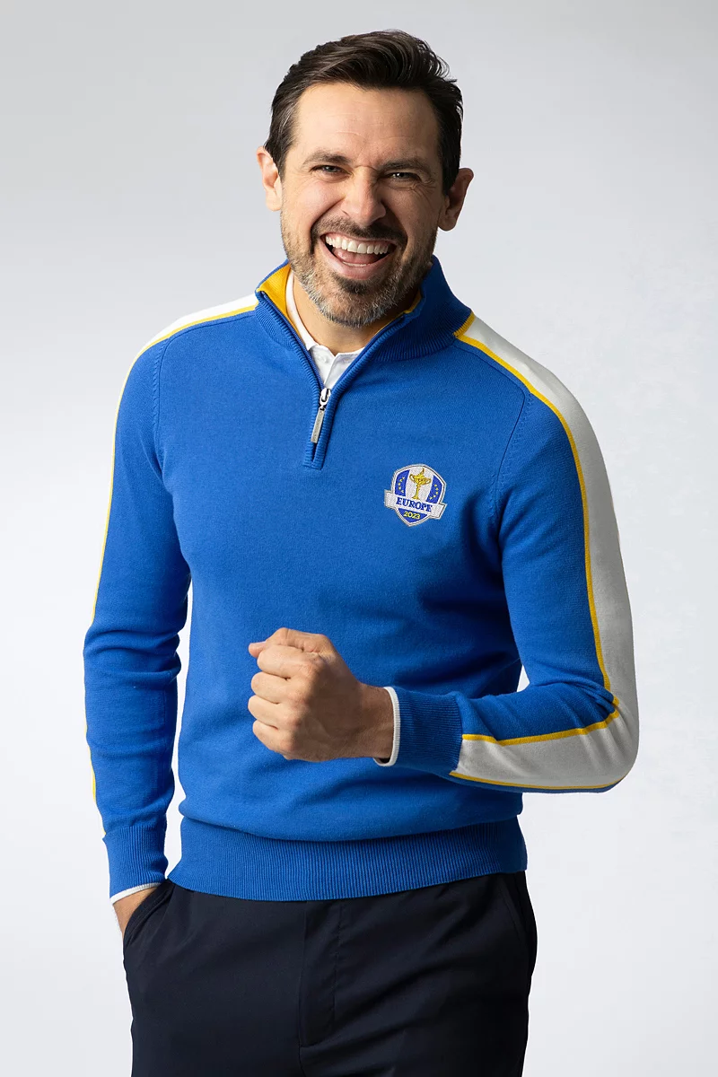 Official Ryder Cup 2023 Winners Mens Quarter Zip Colour Block Sleeve Stripe Cotton Lightweight Golf Sweater Official Ryder Cup 2023 Winners Mens Quarter Zip Colour Block Sleeve Stripe Cotton Lightweight Golf Sweater