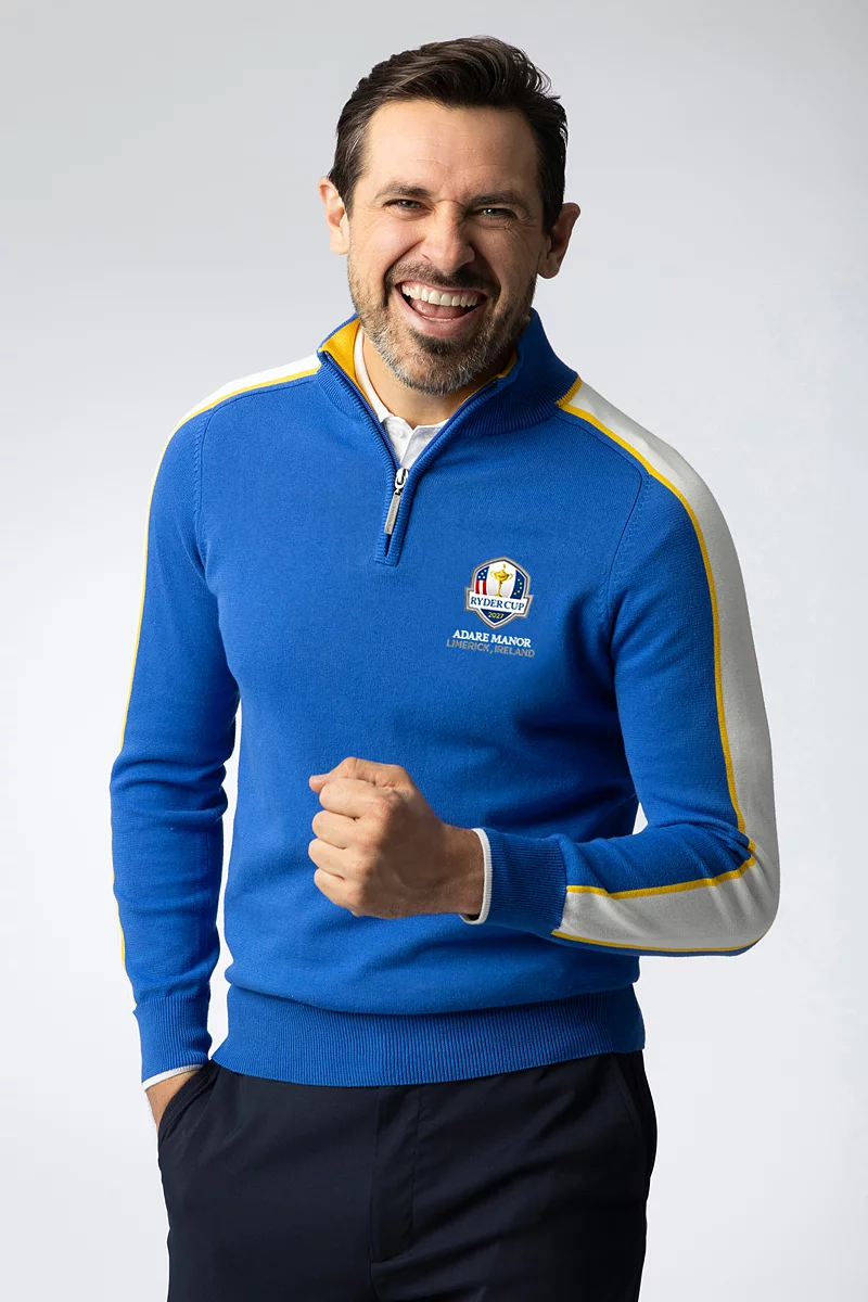 Official Ryder Cup 2027 Mens Quarter Zip Colour Block Sleeve Stripe Cotton Lightweight Golf Sweater Official Ryder Cup 2027 Mens Quarter Zip Colour Block Sleeve Stripe Cotton Lightweight Golf Sweater