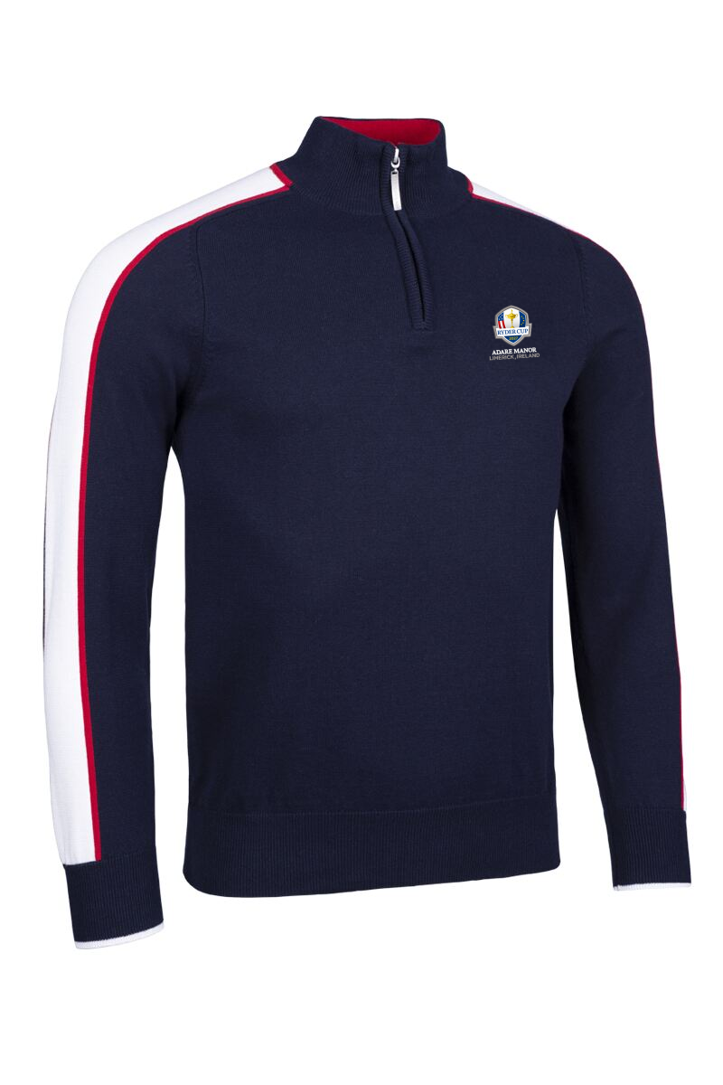 Official Ryder Cup 2027 Mens Quarter Zip Colour Block Sleeve Stripe Cotton Lightweight Golf Sweater Official Ryder Cup 2027 Mens Quarter Zip Colour Block Sleeve Stripe Cotton Lightweight Golf Sweater