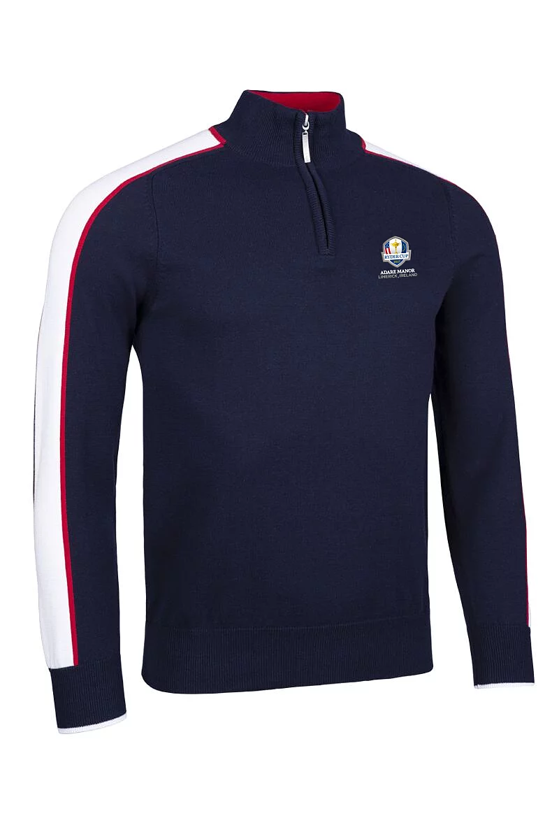 Official Ryder Cup 2027 Mens Quarter Zip Colour Block Sleeve Stripe Cotton Lightweight Golf Sweater Navy/White/Garnet M