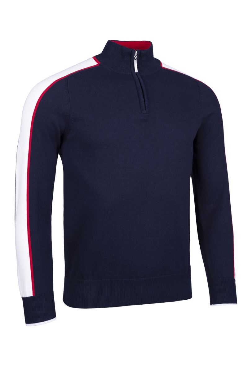 Mens Quarter Zip Colour Block Sleeve Stripe Cotton Lightweight Golf Sweater Mens Quarter Zip Colour Block Sleeve Stripe Cotton Lightweight Golf Sweater