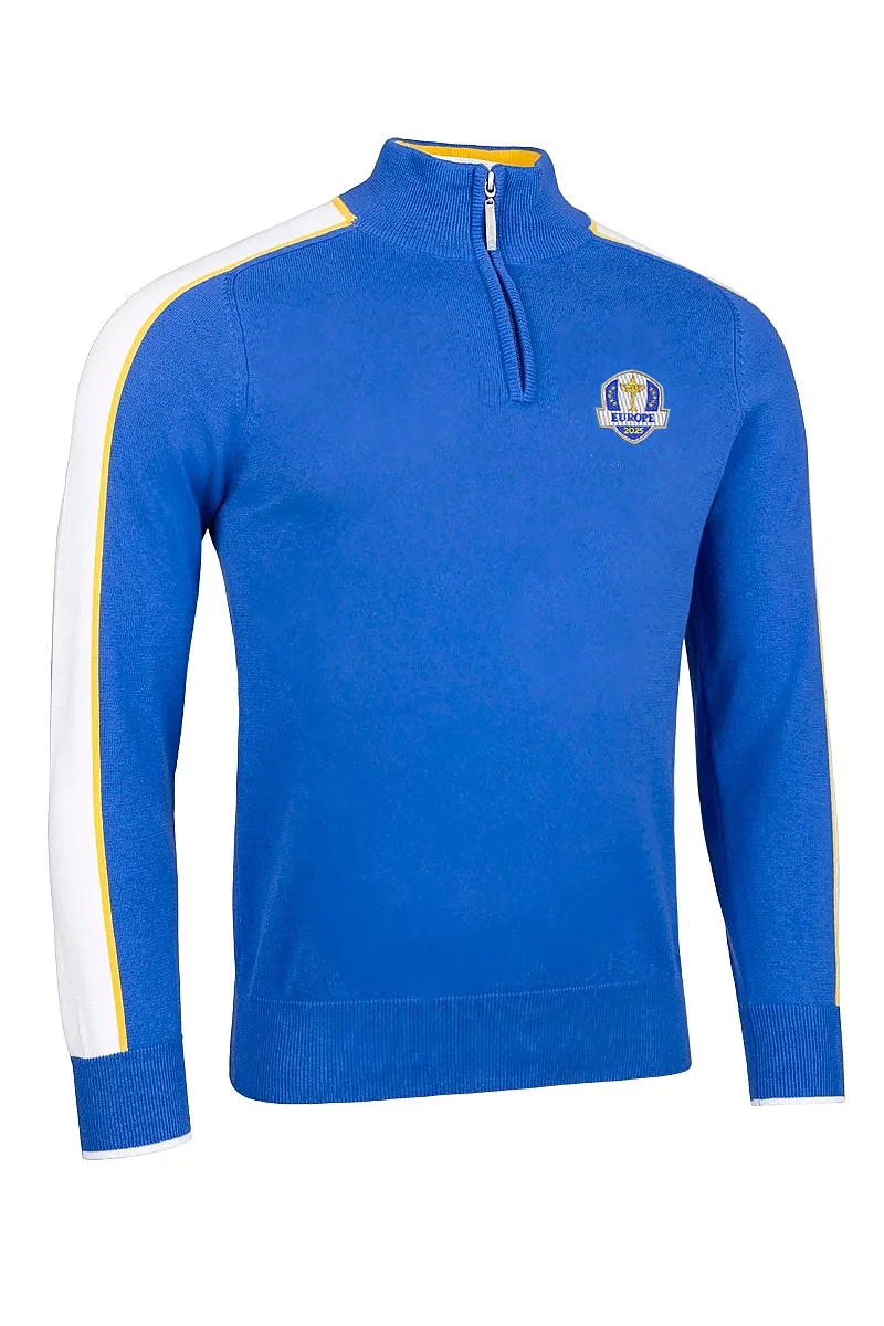 Official Ryder Cup 2025 Winners Mens Quarter Zip Colour Block Sleeve Stripe Cotton Lightweight Golf Sweater Tahiti/White/Gold L