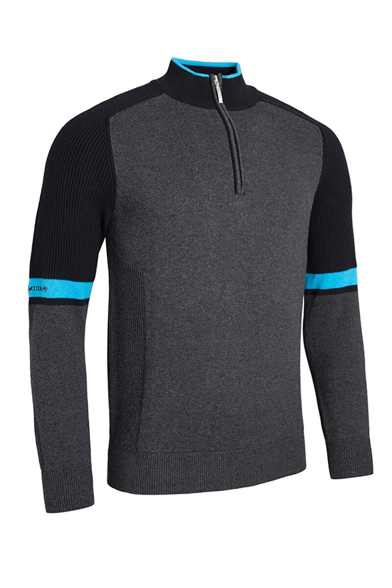 Mens Quarter Zip Colour Block Raglan Sleeve Touch of Cashmere Golf Sweater Sale Charcoal Marl/Black/Cobalt S