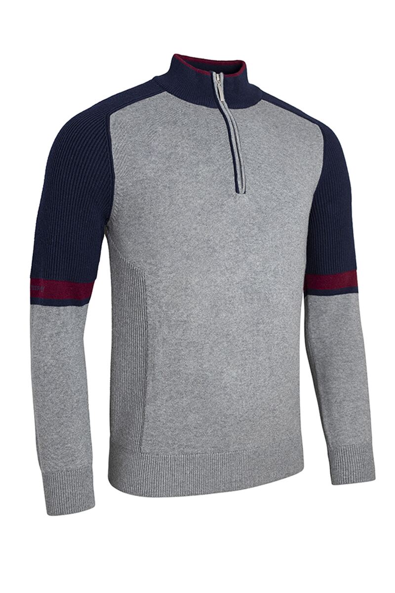 Mens Quarter Zip Colour Block Raglan Sleeve Touch of Cashmere Golf Sweater Sale Mid Grey Marl/Navy/Bordeaux L