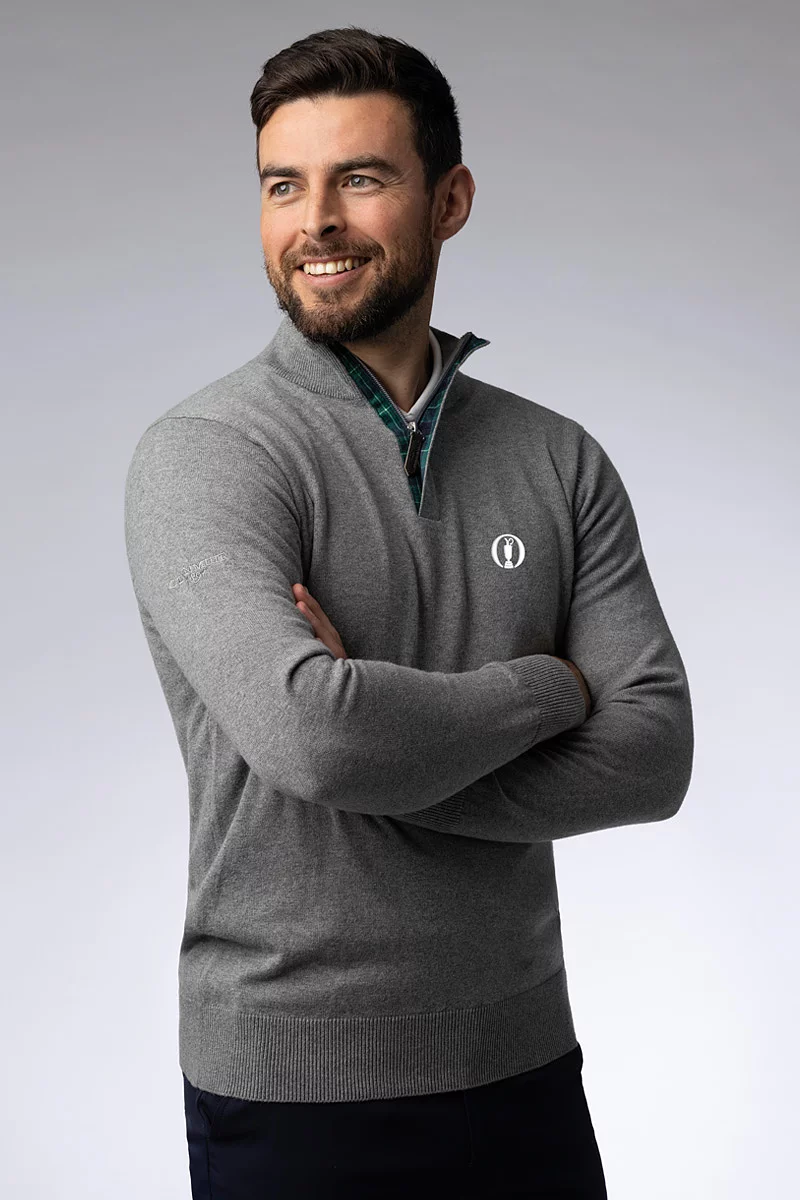 The Open Mens Quarter Zip Tartan Placket Touch of Cashmere Lightweight Golf Sweater The Open Mens Quarter Zip Tartan Placket Touch of Cashmere Lightweight Golf Sweater