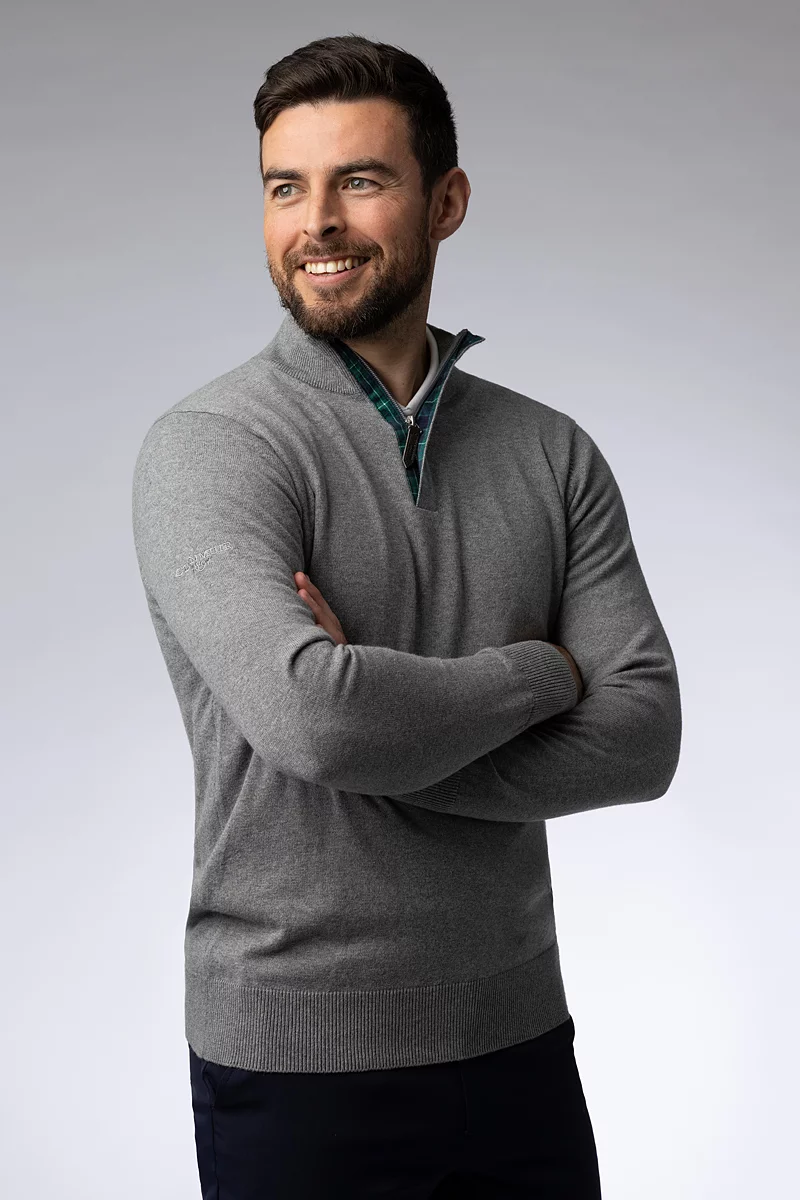 Mens Quarter Zip Tartan Placket Touch of Cashmere Lightweight Golf Sweater