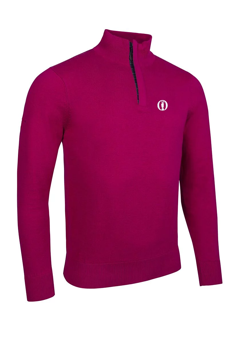 Official Ryder Cup 2027 Mens Quarter Zip Tartan Placket Touch of Cashmere Lightweight Golf Sweater Raspberry M