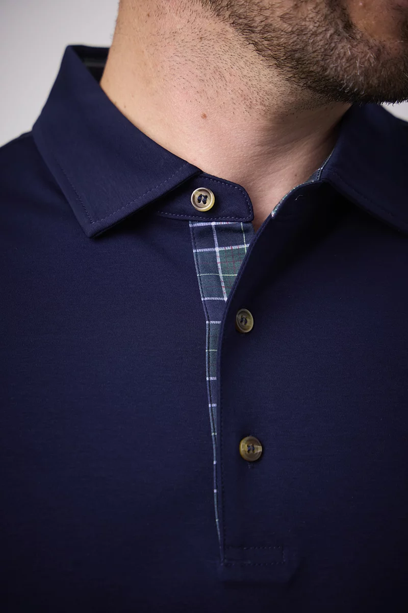 Mens Tailored Collar Tartan Detail Mercerised Cotton Golf Shirt