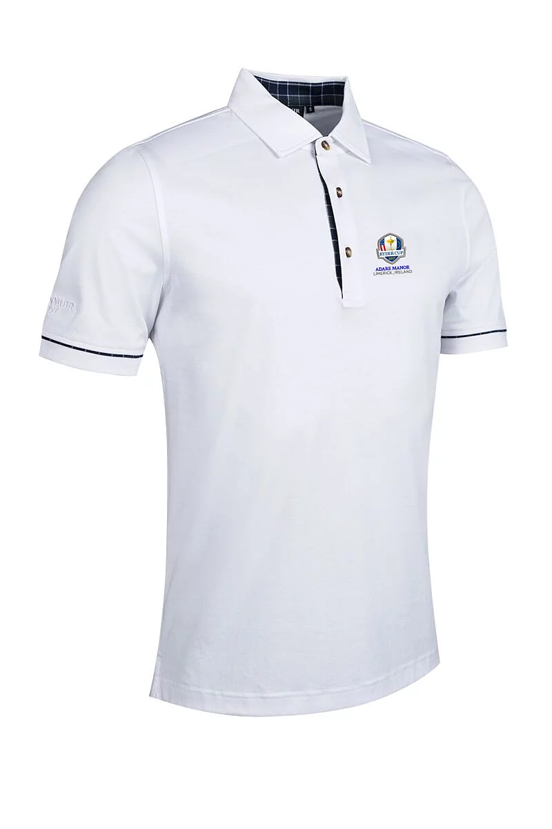 Official Ryder Cup 2027 Mens Tailored Collar Tartan Detail Mercerised Cotton Golf Shirt White/Tartan XL