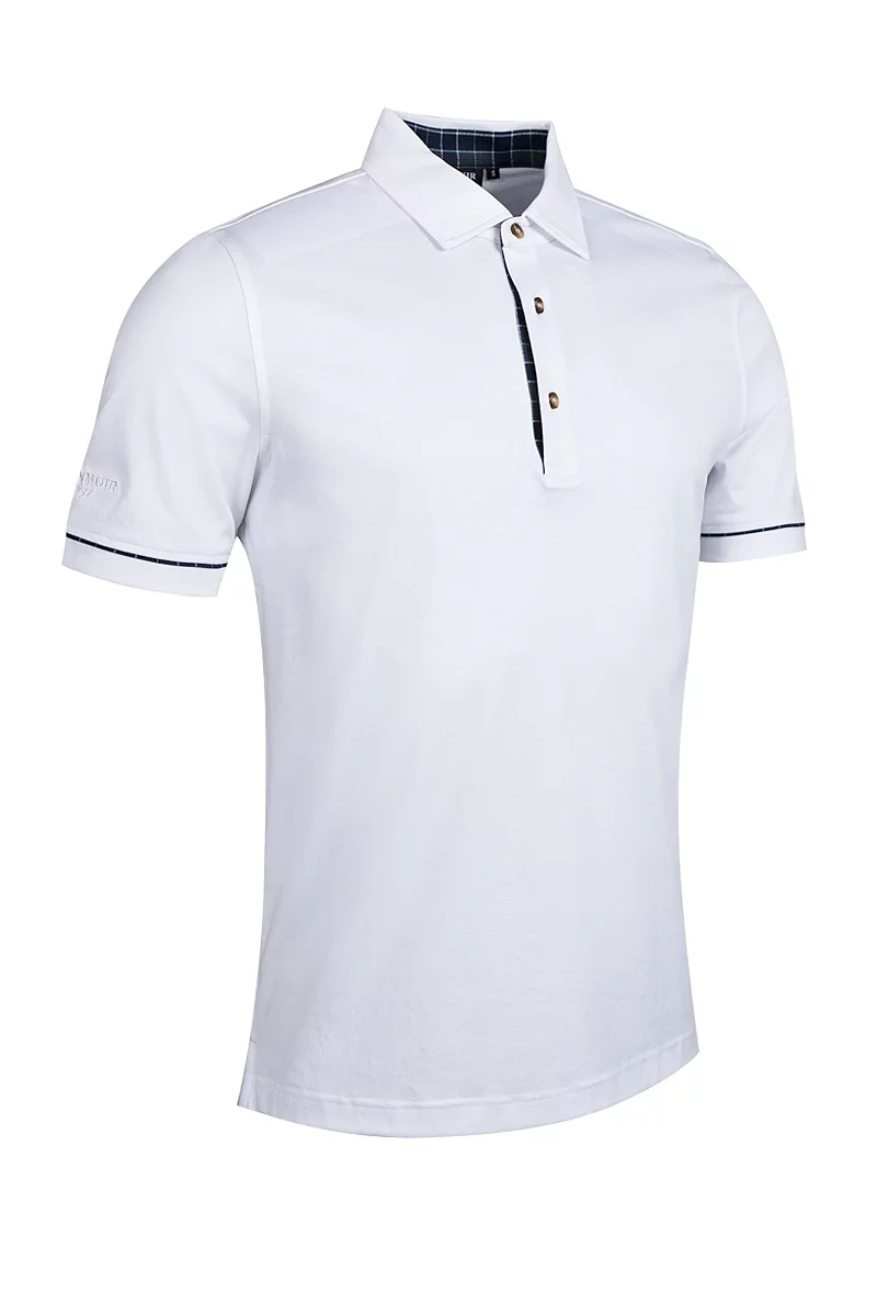 Official Ryder Cup 2027 Mens Tailored Collar Tartan Detail Mercerised Cotton Golf Shirt White/Tartan M