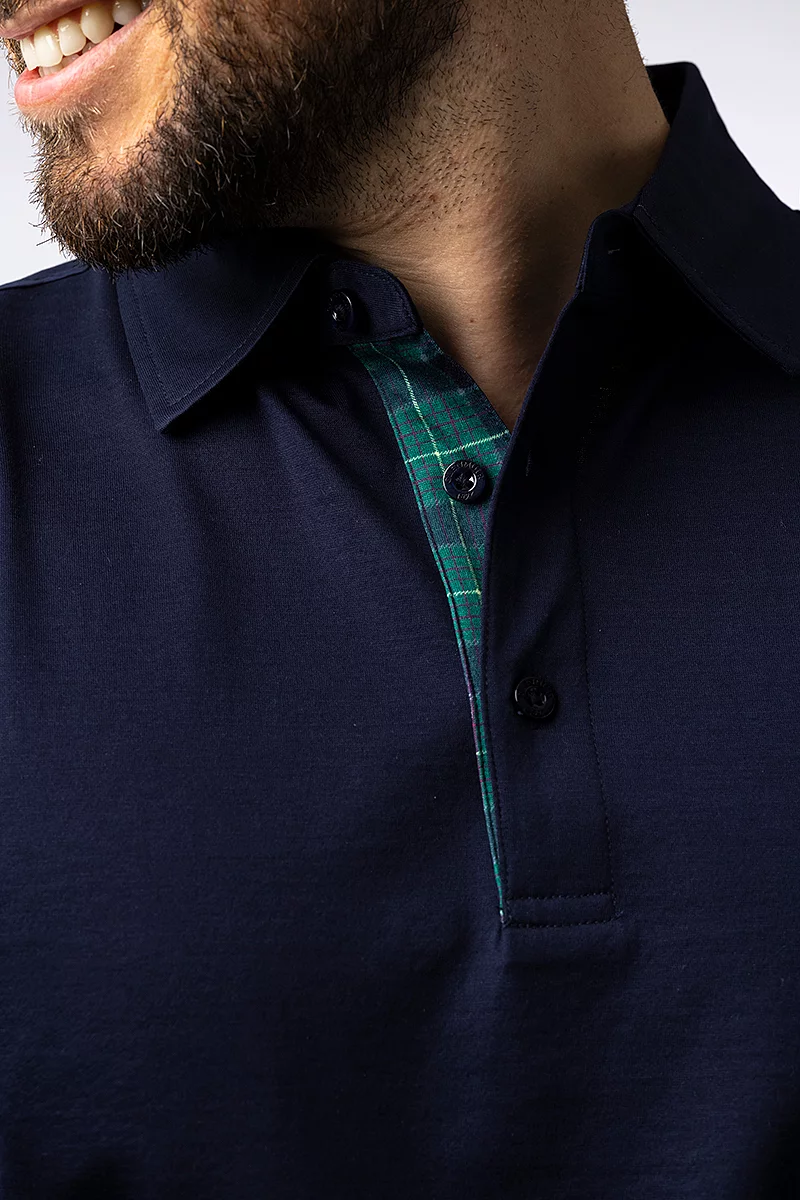 Mens Tartan Trim Mercerised Cotton Golf Polo Shirt Mens Tartan Trim Mercerised Cotton Golf Polo Shirt