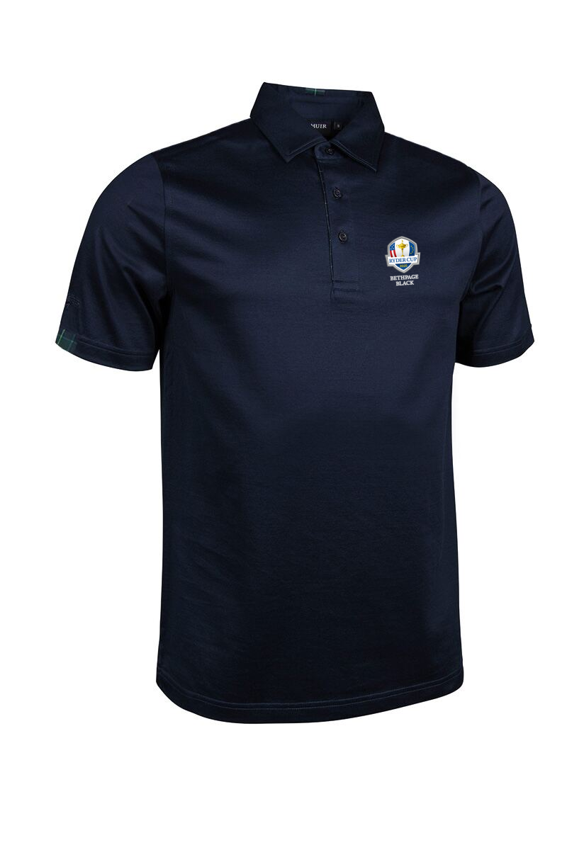 Official Ryder Cup 2025 Mens Tartan Trim Mercerised Cotton Golf Polo Shirt Navy/Tartan L