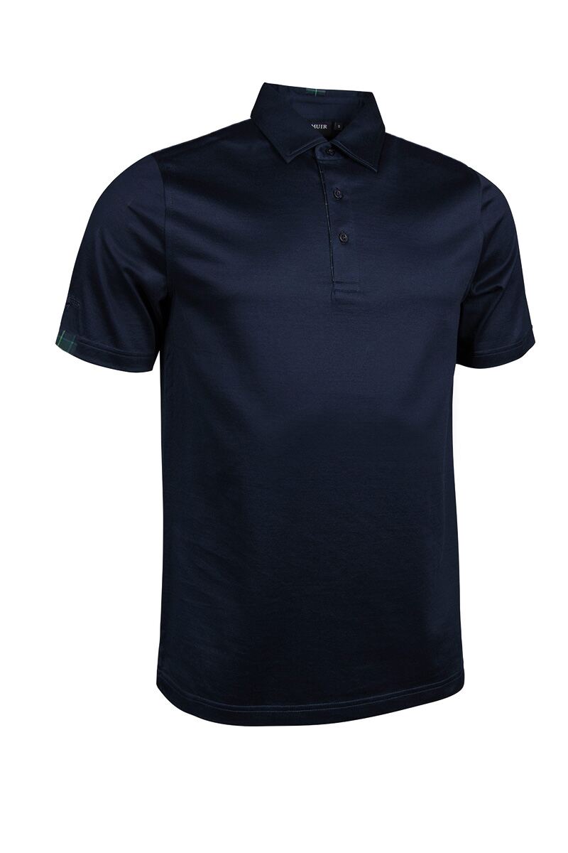 Mens Tartan Trim Mercerised Cotton Golf Polo Shirt Navy/Tartan S