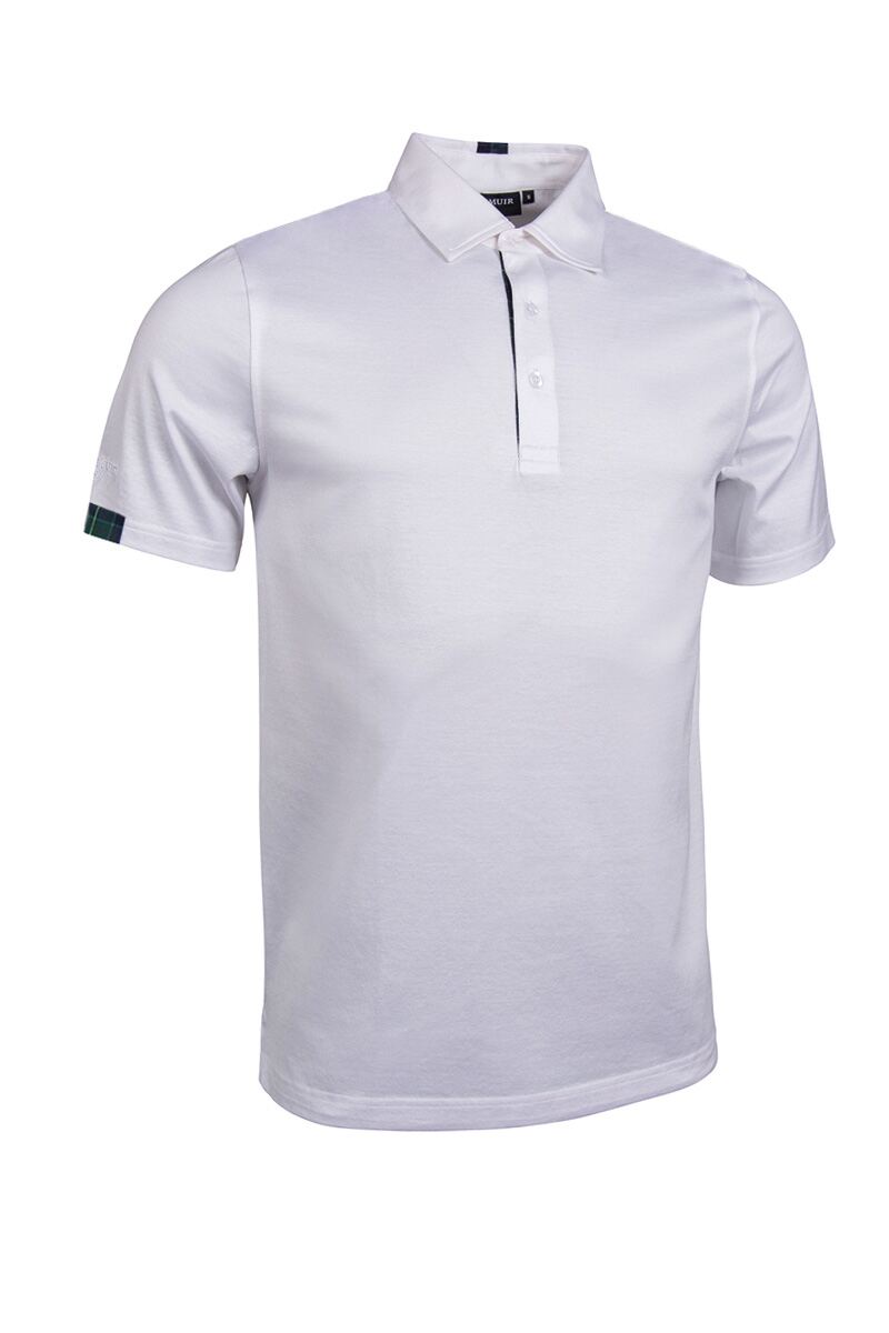 Mens Tartan Trim Mercerised Cotton Golf Polo Shirt White/Tartan S