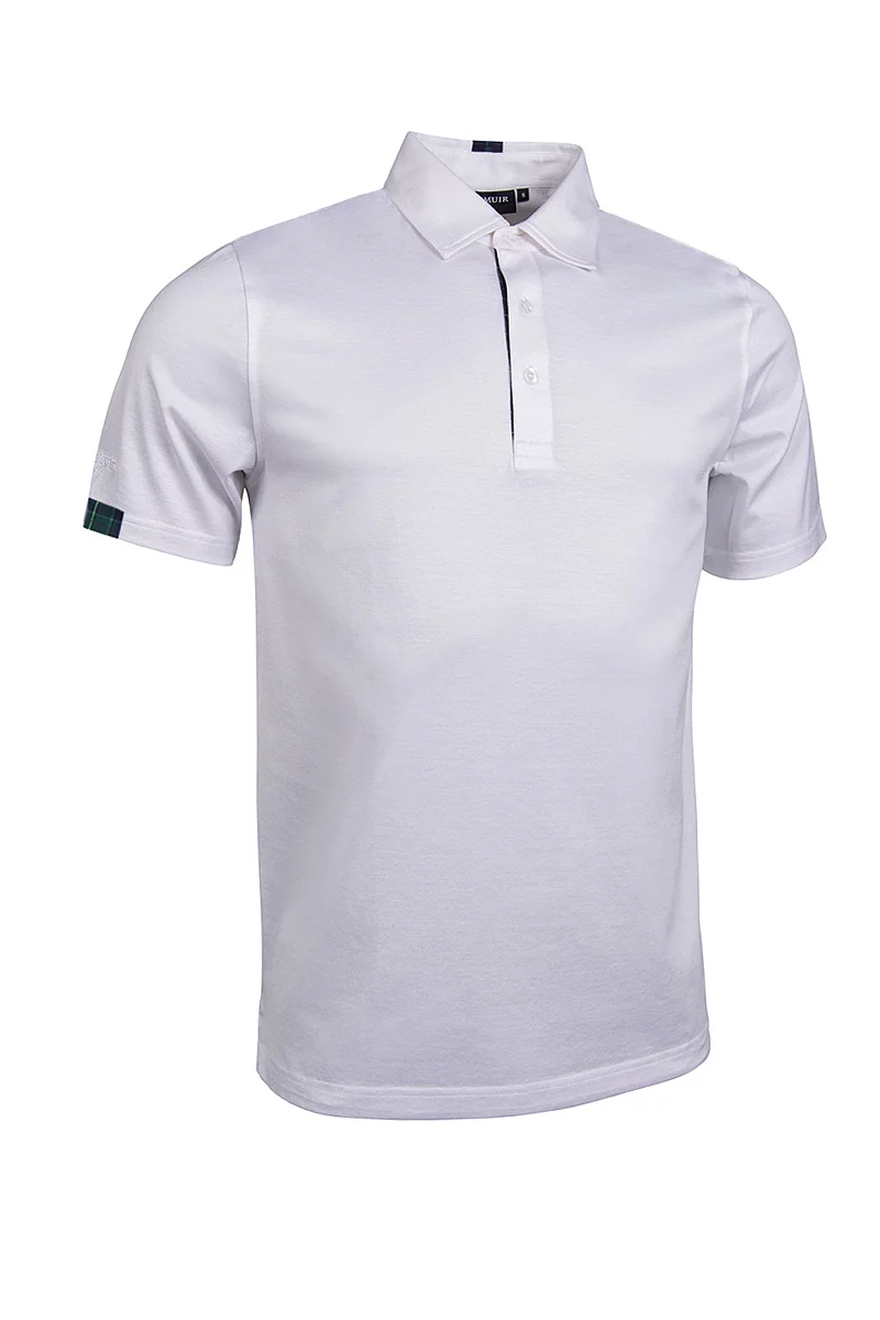 Mens Tartan Trim Mercerised Cotton Golf Polo Shirt Sale White/Tartan S