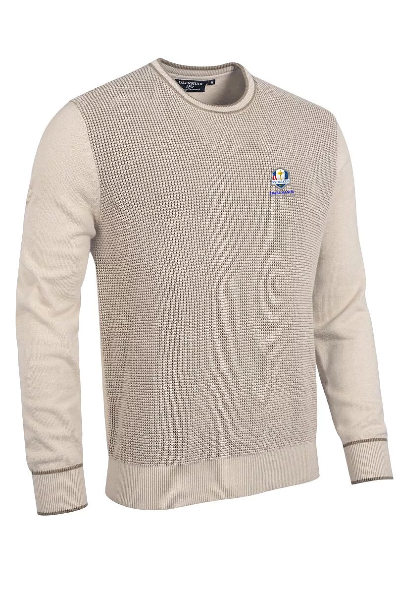 Official Ryder Cup 2027 Mens Crew Neck Two Tone Textured Midweight Merino Golf Sweater Linen/Dark Linen M