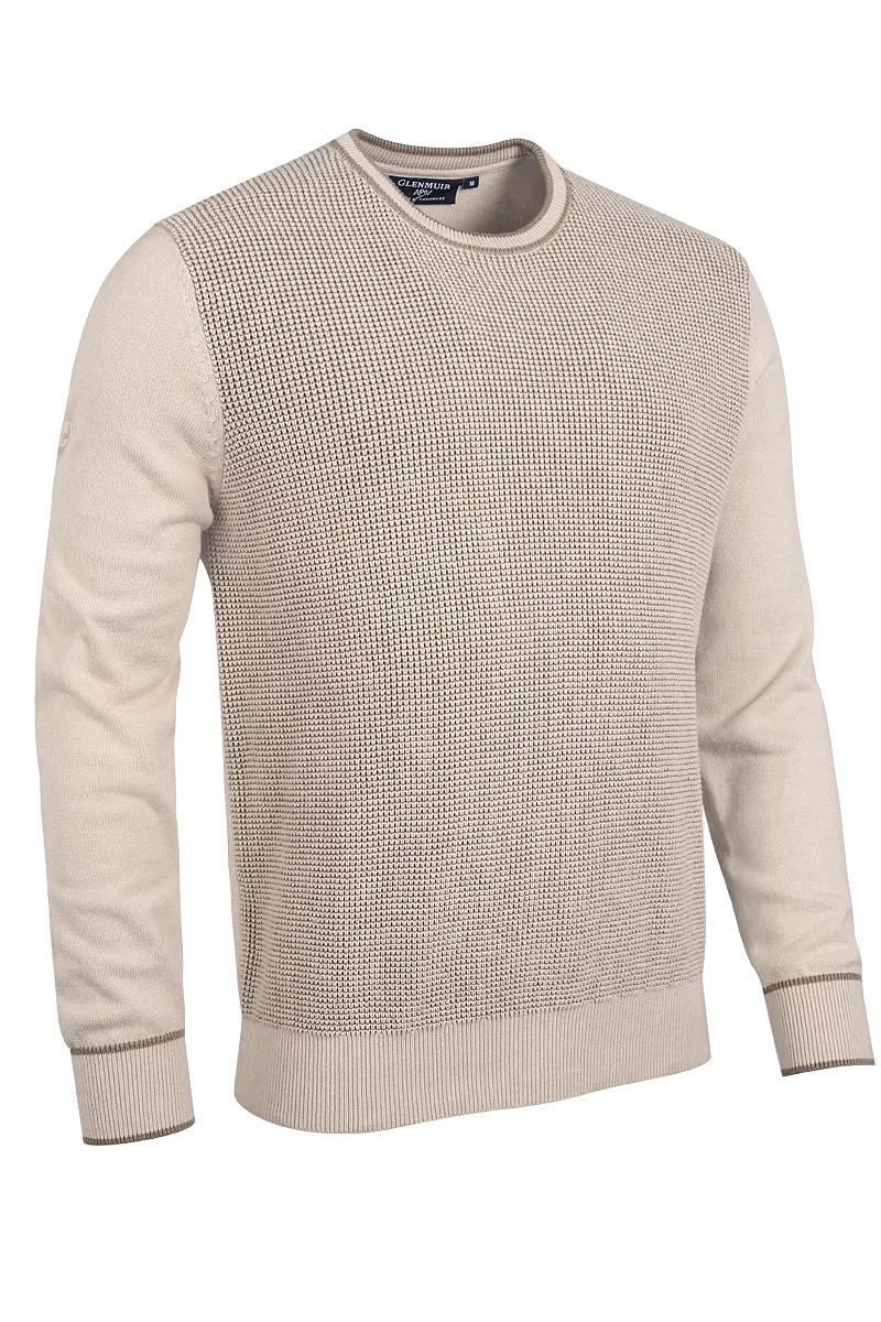 Official Ryder Cup 2027 Mens Crew Neck Two Tone Textured Midweight Merino Golf Sweater Linen/Dark Linen XXL