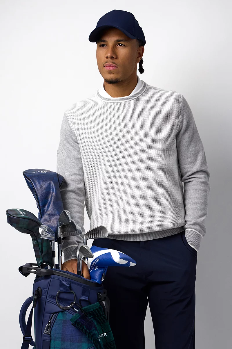 Mens Crew Neck Two Tone Textured Midweight Merino Golf Sweater