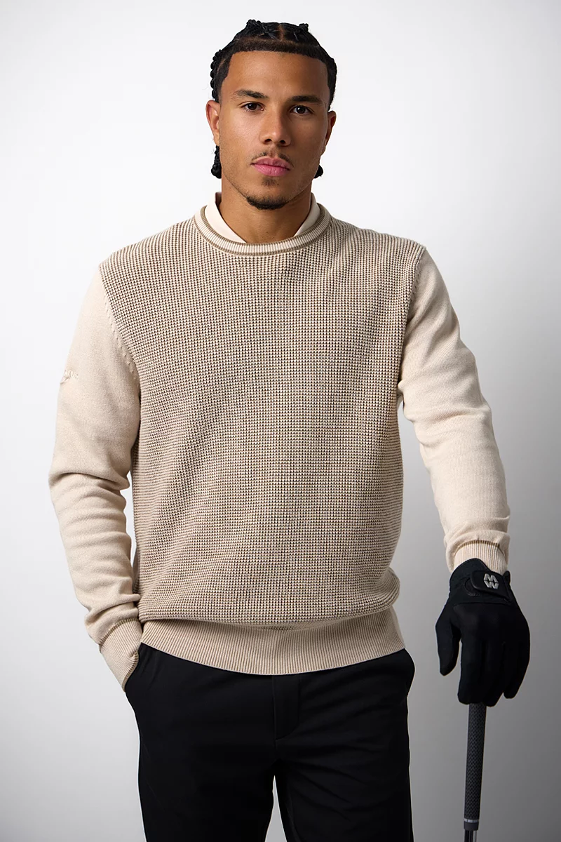 Mens Crew Neck Two Tone Textured Midweight Merino Golf Sweater