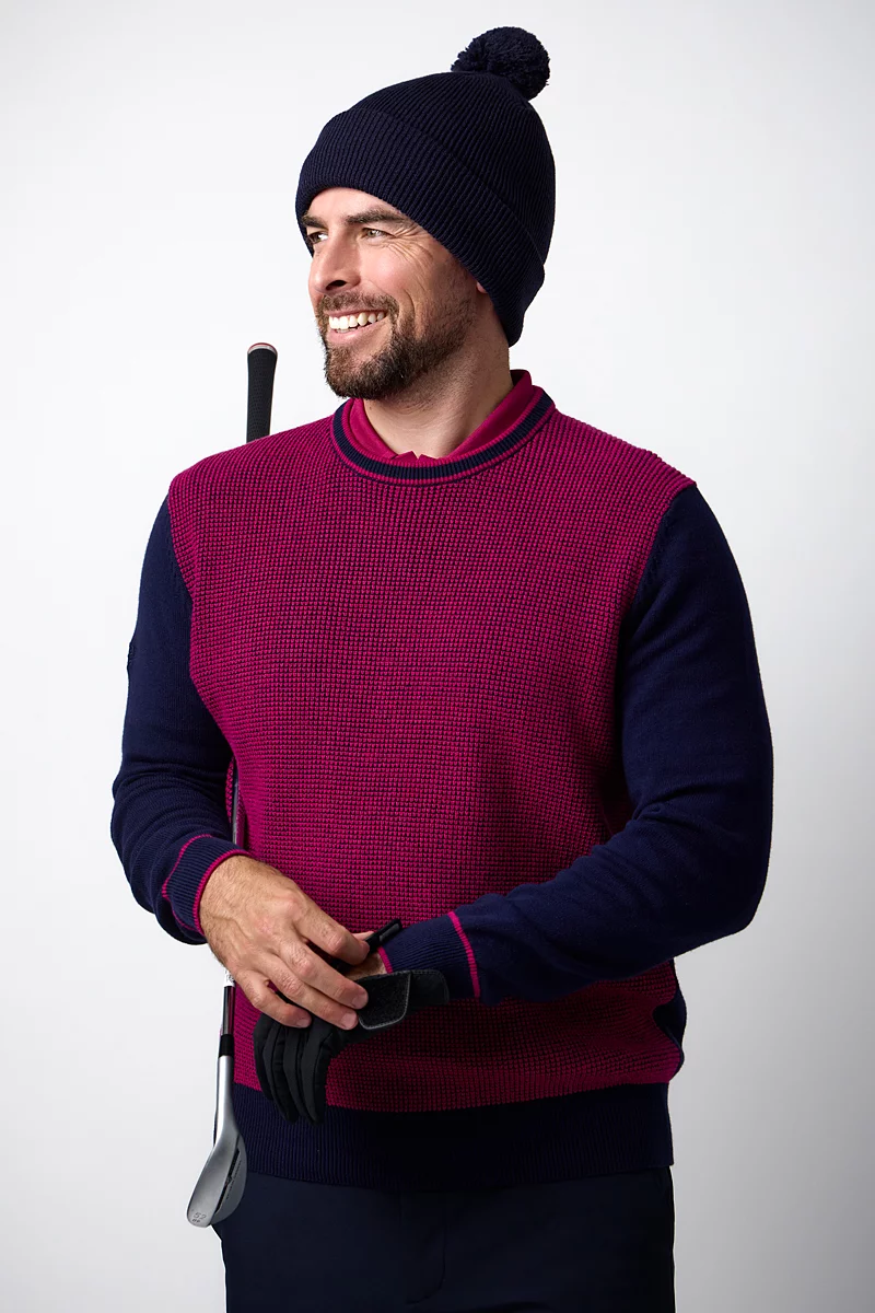 Mens Crew Neck Two Tone Textured Midweight Merino Golf Sweater
