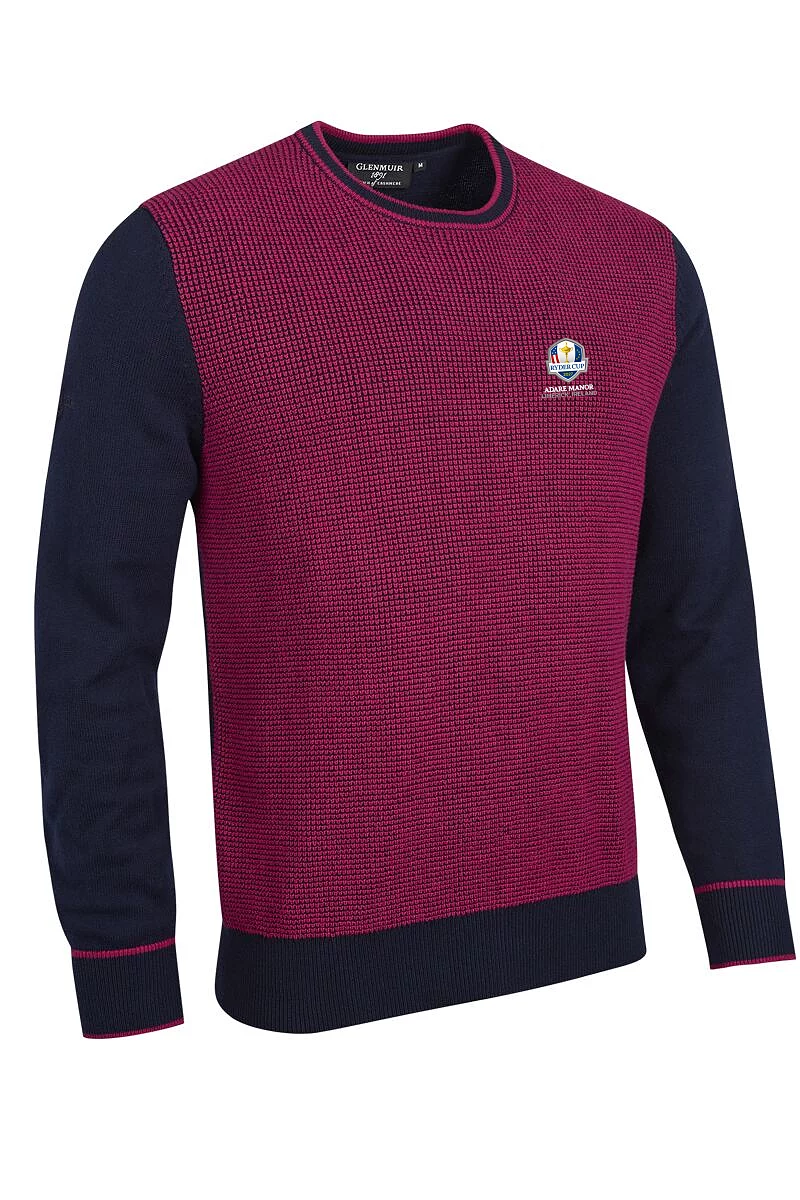 Official Ryder Cup 2027 Mens Crew Neck Two Tone Textured Midweight Merino Golf Sweater Navy/Raspberry M