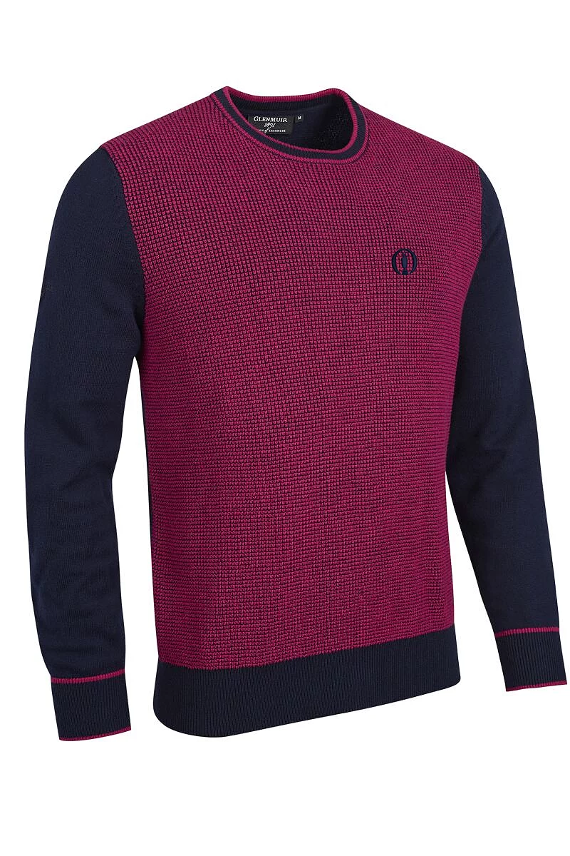 Official Ryder Cup 2027 Mens Crew Neck Two Tone Textured Midweight Merino Golf Sweater Navy/Raspberry XL