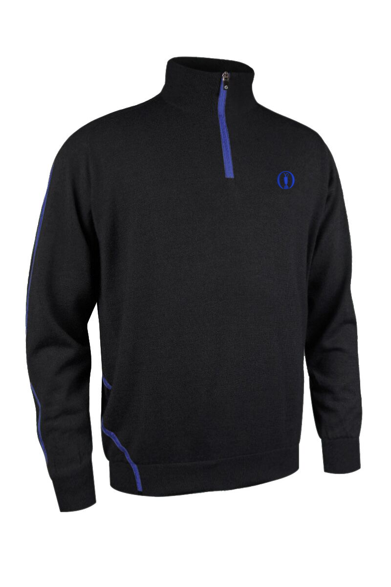 Official The Open Mens Quarter Zip Raglan Sleeve Water Repellent Lined Merino Blend Golf Sweater Black/Electric Blue M