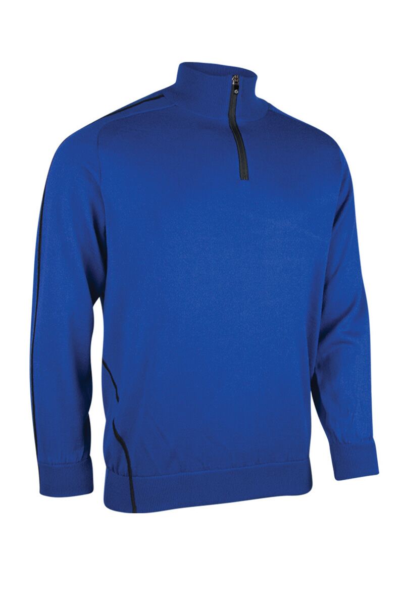 Mens Quarter Zip Raglan Sleeve Water Repellent Lined Merino Blend Golf Sweater Electric Blue/Black XXL