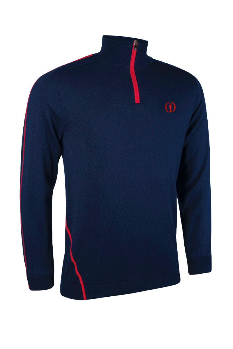 Official The Open Mens Quarter Zip Raglan Sleeve Water Repellent Lined Merino Blend Golf Sweater Navy/Red XL