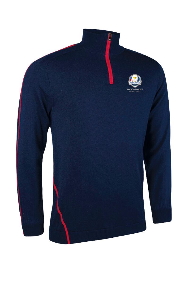 Official Ryder Cup 2025 Mens Quarter Zip Raglan Sleeve Water Repellent Lined Merino Blend Golf Sweater Navy/Red S