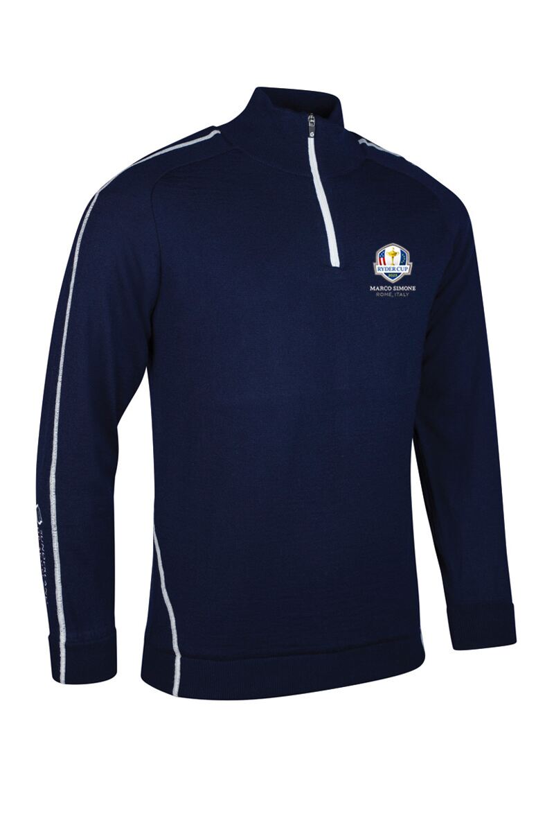 Official Ryder Cup 2025 Mens Quarter Zip Raglan Sleeve Water Repellent Lined Merino Blend Golf Sweater Navy/White S
