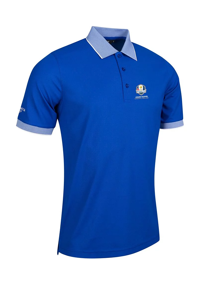 Official Ryder Cup 2027 Mens Micro Stripe Collar Cuff Performance Pique Golf Shirt Ascot Blue/White M