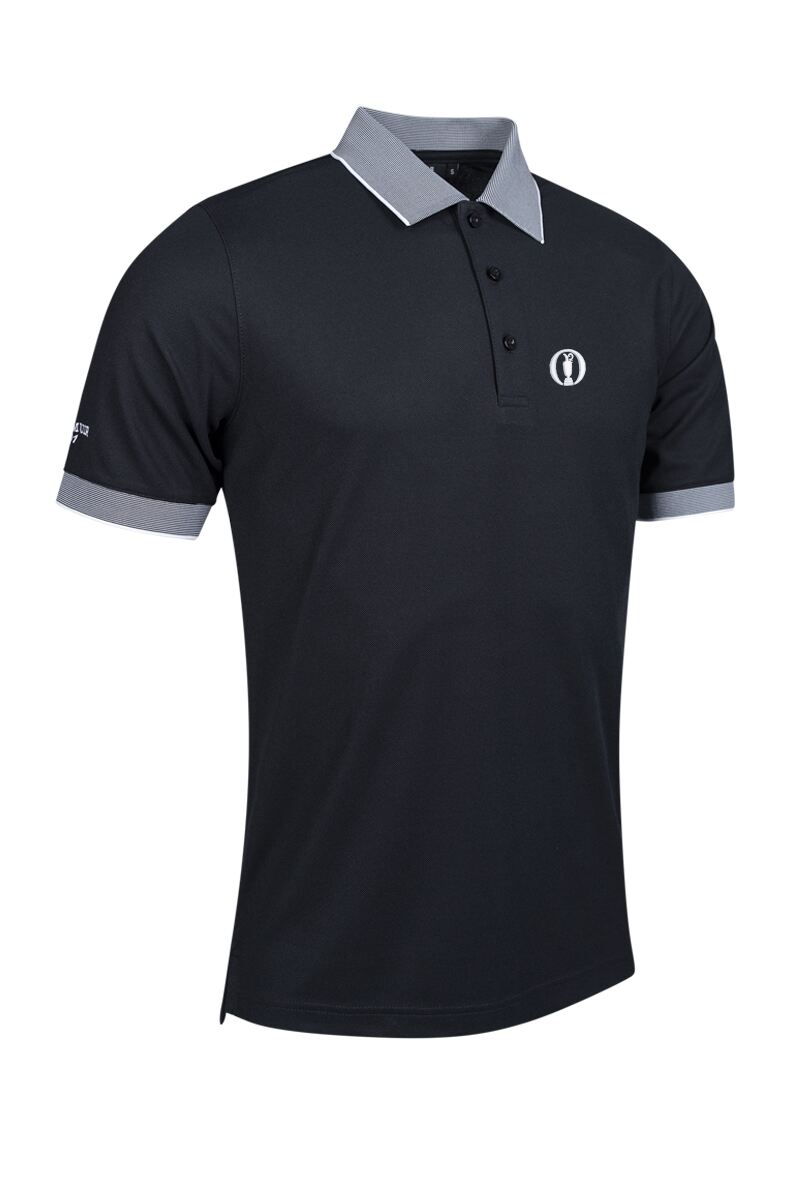 The Open Mens Micro Stripe Collar Cuff Performance Pique Golf Shirt