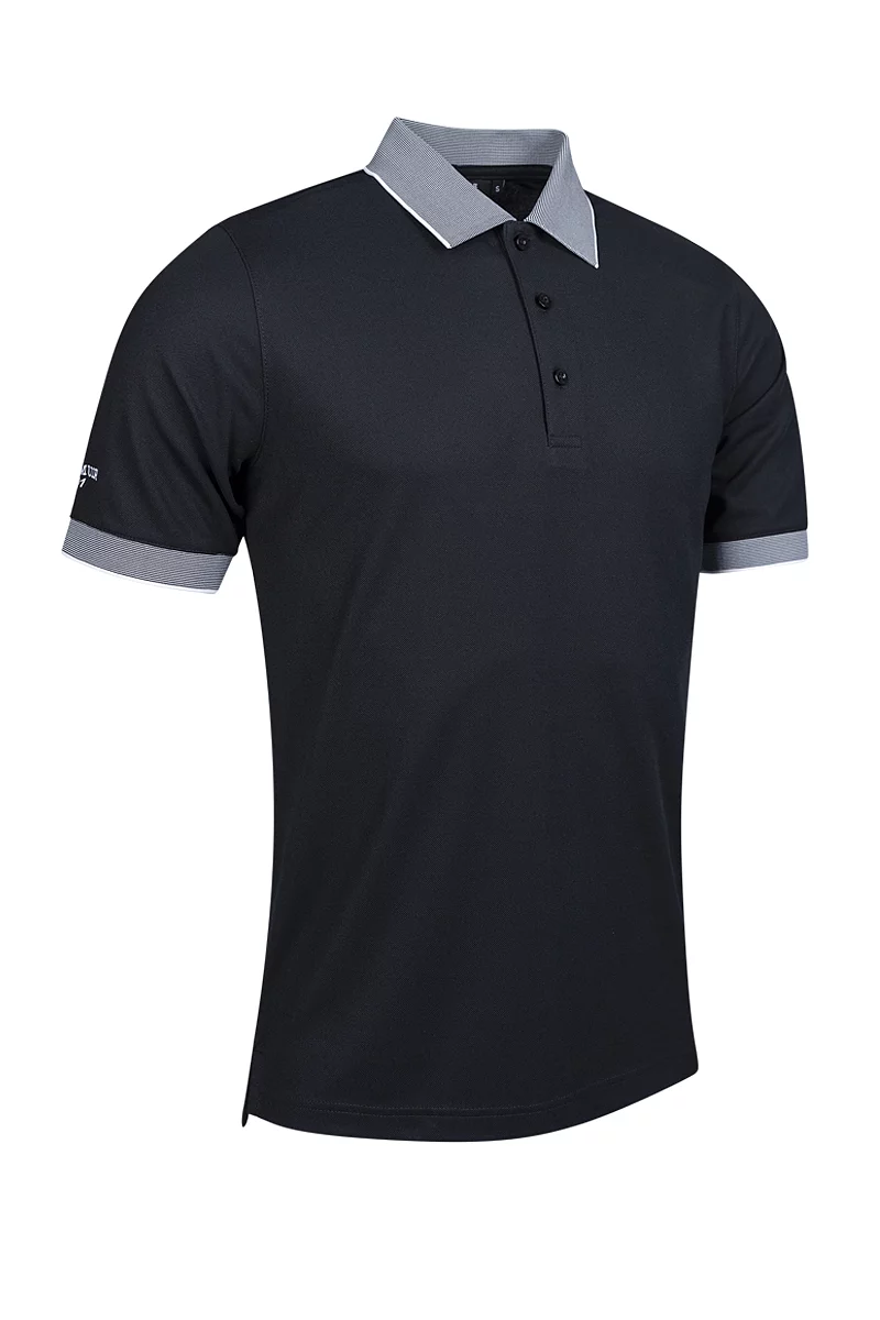 Official Ryder Cup 2027 Mens Micro Stripe Collar Cuff Performance Pique Golf Shirt Black/White L