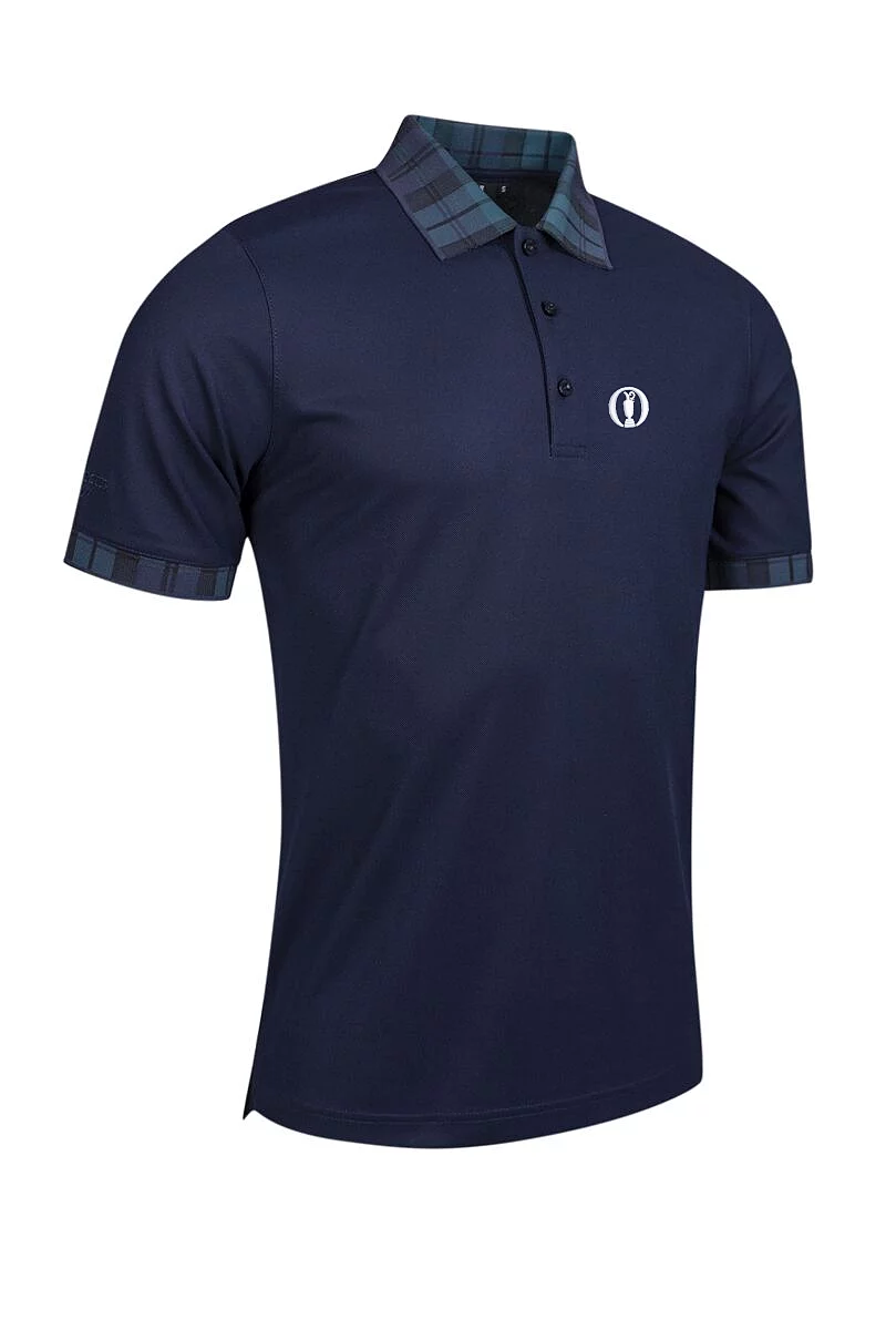 Official Ryder Cup 2027 Mens Micro Stripe Collar Cuff Performance Pique Golf Shirt Navy/Tartan XL