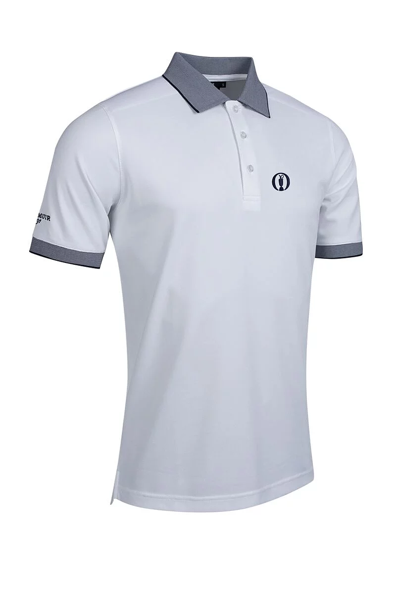Official Ryder Cup 2027 Mens Micro Stripe Collar Cuff Performance Pique Golf Shirt White/Navy M