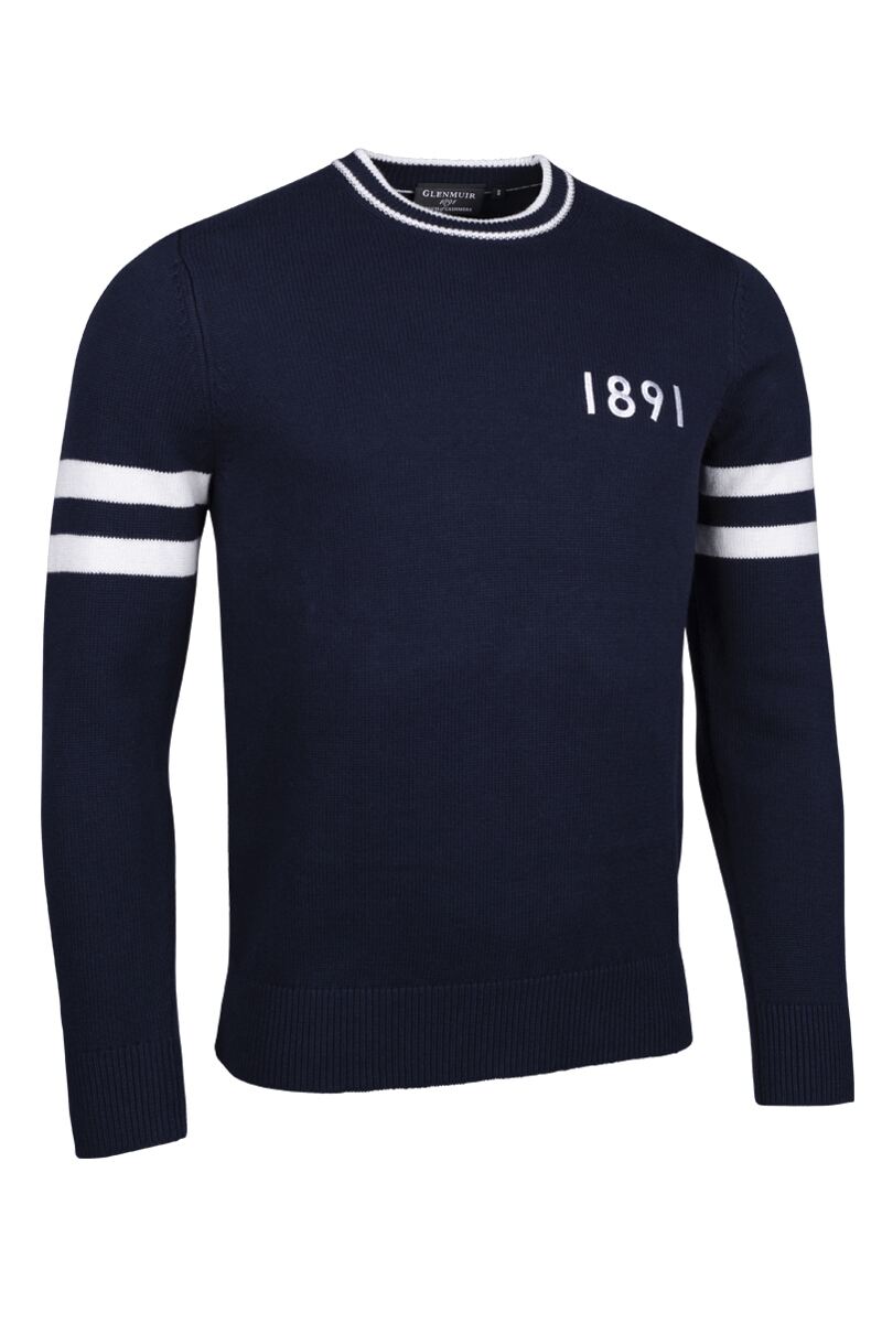 Mens and Ladies Crew Neck Sleeve Stripe Touch of Cashmere 1891 Heritage Sweater Navy/White S