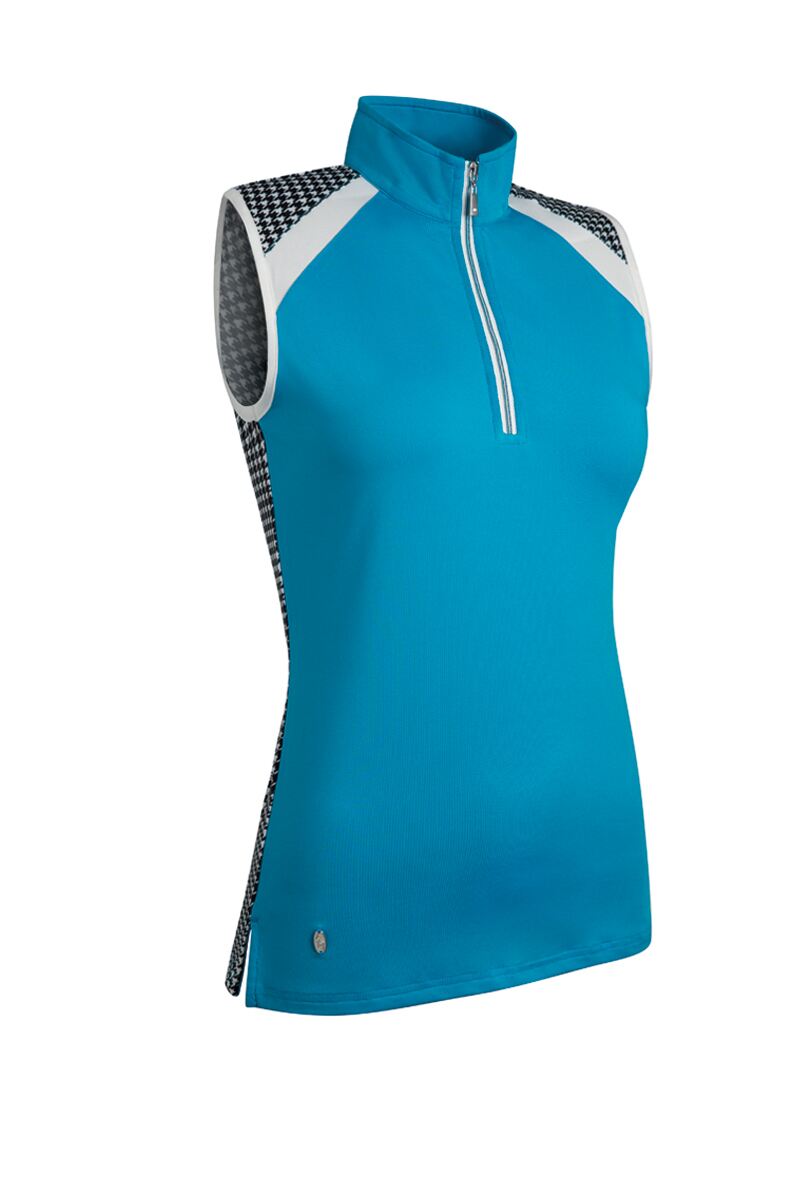 Ladies Printed High Collar Sleeveless Performance Golf Shirt Sale Cobalt/Black Houndstooth S