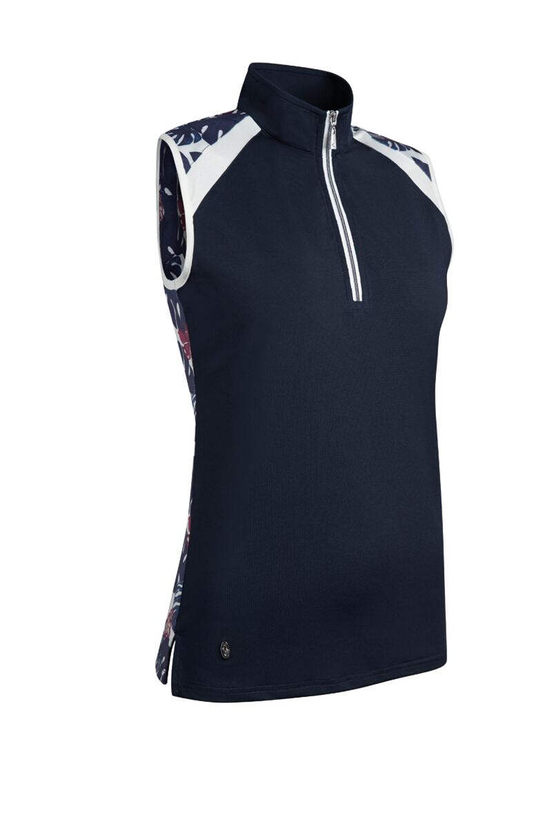 Ladies Printed High Collar Sleeveless Performance Golf Shirt Sale Navy/Navy Tropical Print S