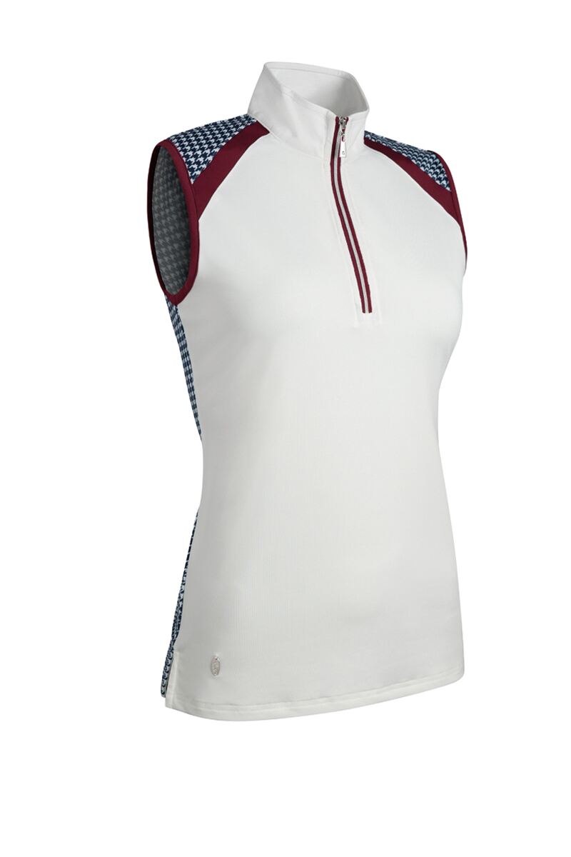 Ladies Printed High Collar Sleeveless Performance Golf Shirt Sale White/Navy Houndstooth M