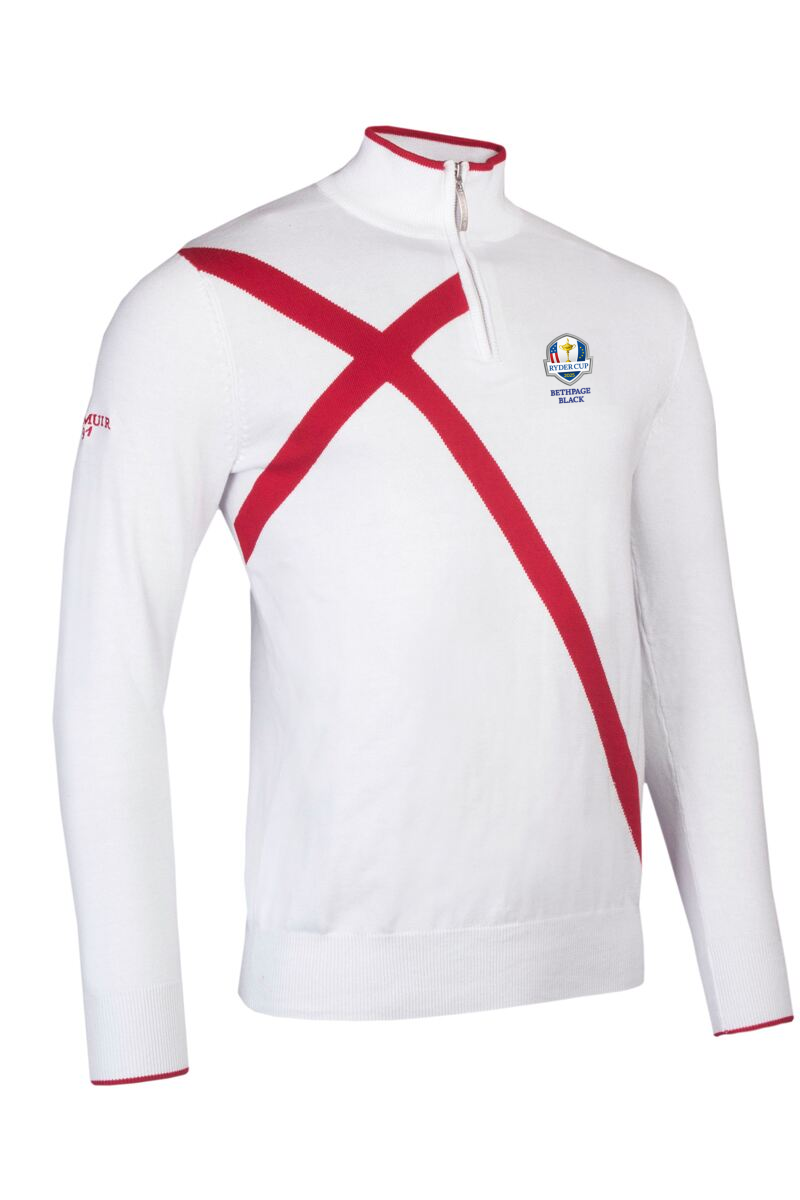 Official Ryder Cup 2025 Mens Quarter Zip St George Cross Cotton Golf Sweater White/Garnet XS